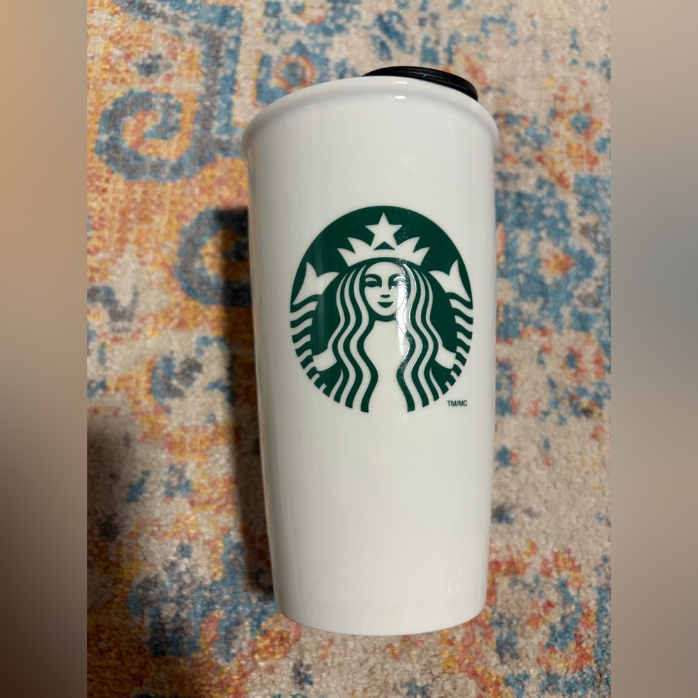 Starbucks white ceramic tumbler/mug travel cup with lid
